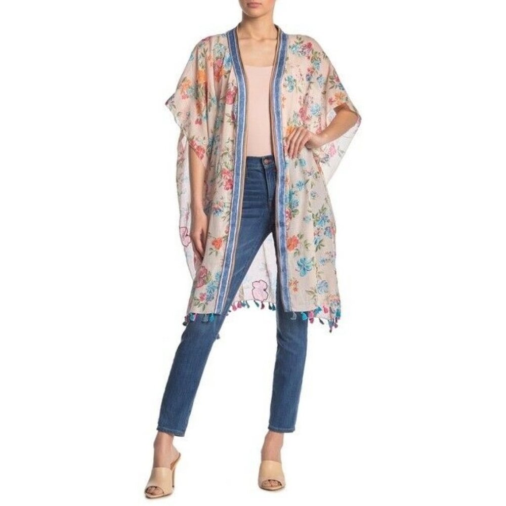Aratta Nicola Tassel Trim Kimono NWT • Small • Floral Jacket Open Front Summer - Picture 1 of 7